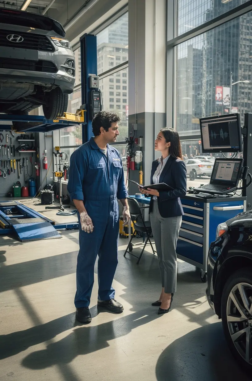 Technician explaining repair options transparently to an urban commuter beside their car in a city street setting.