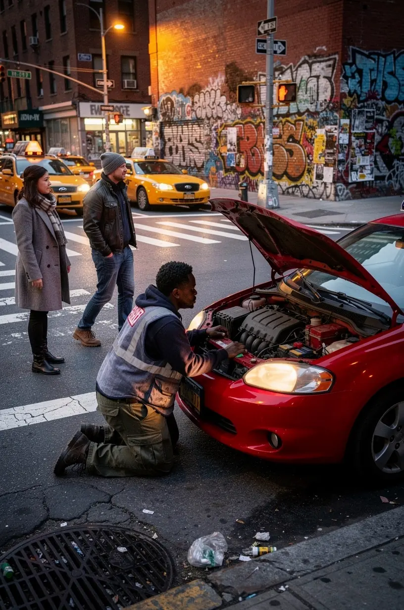 Urban commuter receiving rapid tire repair service at a roadside assistance van in a downtown New York neighborhood.
